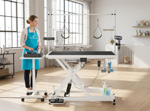 Heavy Duty Electric Dog Grooming Table With Smooth Operator Foot Pedal And Kickass Sturdy X Frame For Easy Height Adjustments And No Sweat Pet Styling In White with grooming tools and stylist.