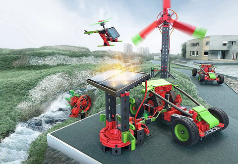 Green Energy Construction Kit With 343 Parts Multicolor STEM Build Set For Hands On Learning And Awesome Interactive Fun And Endless Creative Builds Ideal For Intermediate Makers And Future Engineers, solar and wind model with car and helicopter