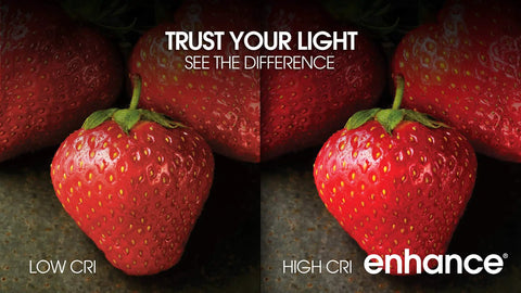 Comparison of strawberries under low and high CRI lighting, showing color differences.