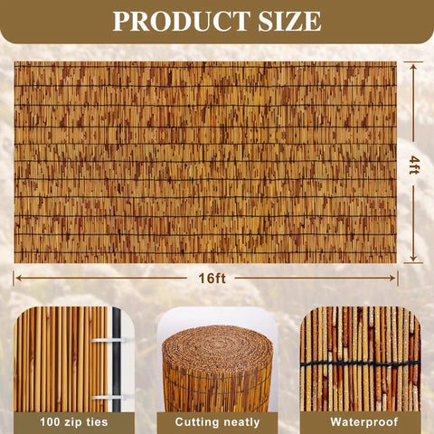 Privacy Screen Made Of Bamboo Reed Fencing For Patio And Backyard Hangout, 4 Feet High Outdoor Privacy Barrier, product size chart