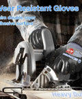 Person wearing Dual Nitrile Coated Work Gloves ANSI A9 Cut Abrasion Puncture Resistant handling power saw