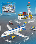 880 Piece City Airport Terminal Building Set with 6 In 1 Airplane Building Blocks Toy, includes control tower and vehicles.