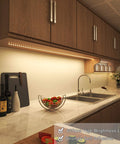 Warm glow from 32.8 Ft Dimmable LED Under Cabinet Lighting Kit With 2 Rolls Of 16.4 Ft Each, 600 LEDs, 12V, flexible tape light.
