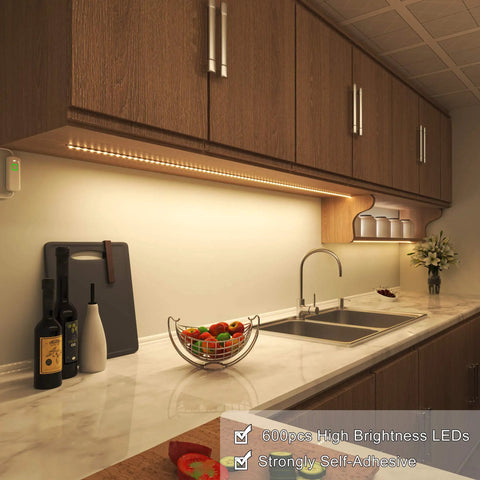 Warm glow from 32.8 Ft Dimmable LED Under Cabinet Lighting Kit With 2 Rolls Of 16.4 Ft Each, 600 LEDs, 12V, flexible tape light.