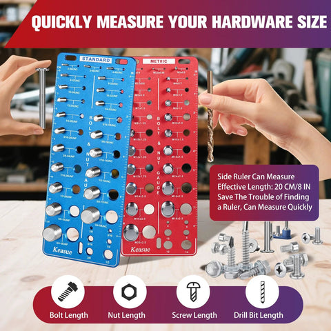 Front view of Kease 56-piece bolt and nut thread gauge set with blue standard and red metric panels.