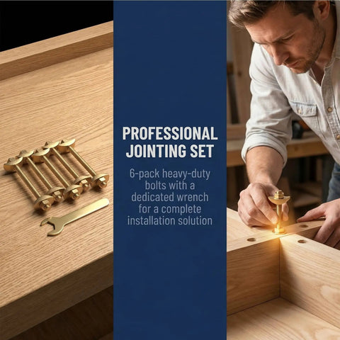 Heavy Duty Countertop Joint Connectors Kit With 6 Sets M8x100mm Miter Bolts And Draw Bolts shown with hex wrench on wood surface