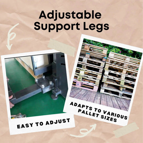 Adjustable support legs for Industrial Grade Electric Straddle Stacker Rated For 3300 Lb Capacity With 157 Inch Lift.