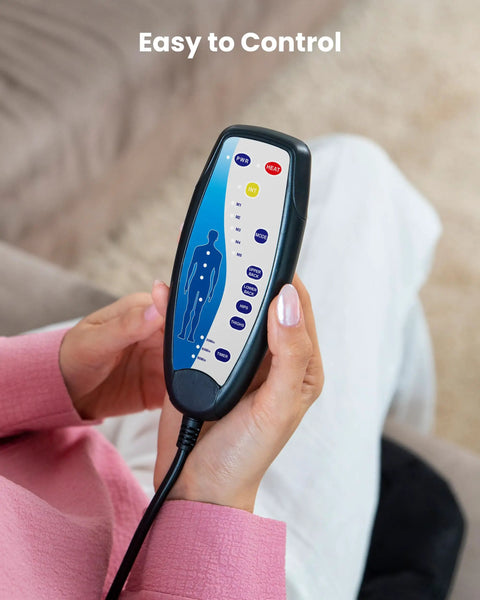 Hand holding remote control for Back Massager With Heat And Vibration, Seat Cushion With 8 Massage Nodes And 5 Modes
