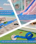 Flexible Race Car Ramp Track Set 15 Ft Starter Kit in Cool Blue shown on beach, slide, home with diecast cars, suction cups for kids.