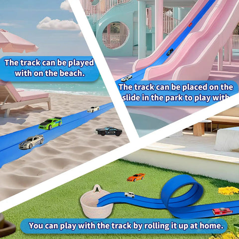 Flexible Race Car Ramp Track Set 15 Ft Starter Kit in Cool Blue shown on beach, slide, home with diecast cars, suction cups for kids.