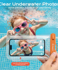 Girl underwater in pool using IPX8 Waterproof Phone Pouch 2 Pack With Lanyard For Beach Day Travel And Cruise 8.5 Inch Dry Bag Case