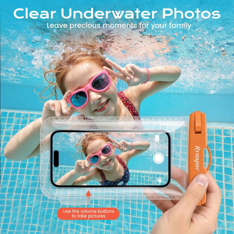 Girl underwater in pool using IPX8 Waterproof Phone Pouch 2 Pack With Lanyard For Beach Day Travel And Cruise 8.5 Inch Dry Bag Case