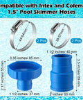 Ultimate Pool Vacuum Hose Adapter Kit 1.5 Inch Connector For Above Ground Pools Fits Adapter B Rubber Skimmer Hose With 4 Stainless Steel Clamps Converts Skimmer Return Fountains And More, showing hose connectors and clamps with dimensions