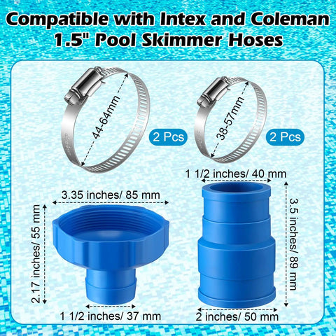Ultimate Pool Vacuum Hose Adapter Kit 1.5 Inch Connector For Above Ground Pools Fits Adapter B Rubber Skimmer Hose With 4 Stainless Steel Clamps Converts Skimmer Return Fountains And More, showing hose connectors and clamps with dimensions