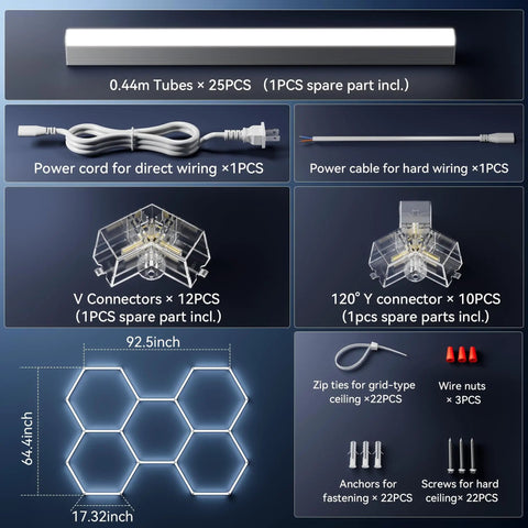 Components of Hexagon LED Garage Lights 25 Pack Ultra Bright 216W 25920LM Daylight 6500K Ceiling Fixtures, including tubes and connectors.
