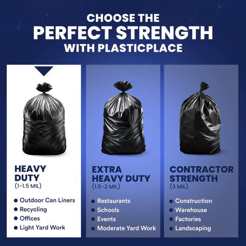 Beefy Heavy Duty 55-60 Gallon Contractor Trash Bags, 1.2 Mil Black Puncture Resistant Garbage Bags in three strength options.