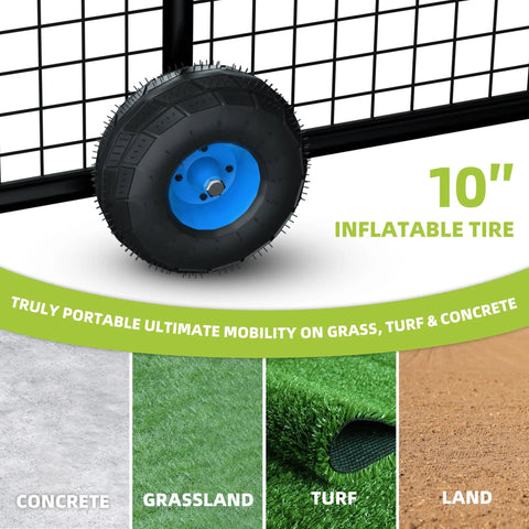 Mobile 24Ft Baseball Batting Cage With Wheels showing 10-inch inflatable tire, suitable for concrete, grass, turf, and land surfaces.