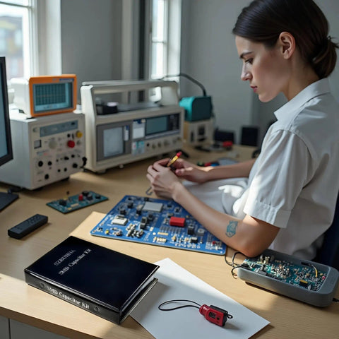 Technician using SMD Capacitor And Inductor Assortment Kit For Prototyping And Repairs with 0402 0603 0805 1206 Capacitors