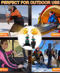 Portable Propane Heater For Outdoor Use With Foldable Base And Cart Cup Holder 2 In 1 Patio Heater shown while fishing and camping