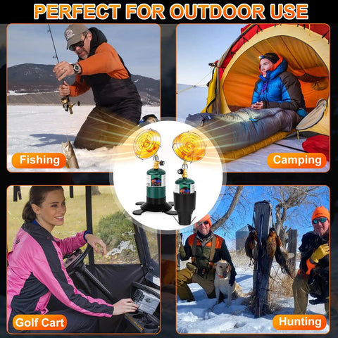 Portable Propane Heater For Outdoor Use With Foldable Base And Cart Cup Holder 2 In 1 Patio Heater shown while fishing and camping