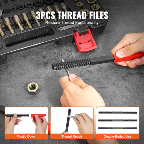 Front view of VEVOR 61-piece thread restorer kit in a storage case with heat-treated steel thread files and red-handled tool