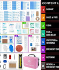 410 Piece Dual Color First Aid Kit With Hard Shell Case Pro Grade Survival Kit with opened contents and pink case