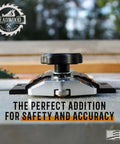 Pro Grade Thin Rip Table Saw Jig Guide For Router And Band Saw on workbench for precise woodworking.
