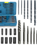 24 Piece Broken Bolt Extractor Kit With Left Hand Drill Bits Screw Extractors And Drill Bit Guides For Stripped Head Screws And Nuts Heavy Duty Auto Repair And Home Improvement Set displayed on white background