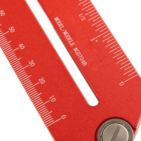 Close-up of Adjustable Thin Jig For Table Saw Guides 59 To 146mm, aluminum with measurement markings for precise cuts.