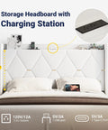 Queen Bed Frame With Plush Velvet Headboard And Built In Charging Station Featuring Dual AC Outlets And USB Port Plus Type C Hub, showcasing storage headboard with charging options.