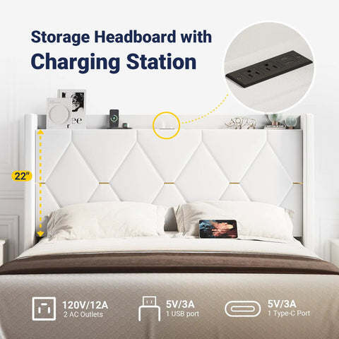 Queen Bed Frame With Plush Velvet Headboard And Built In Charging Station Featuring Dual AC Outlets And USB Port Plus Type C Hub, showcasing storage headboard with charging options.