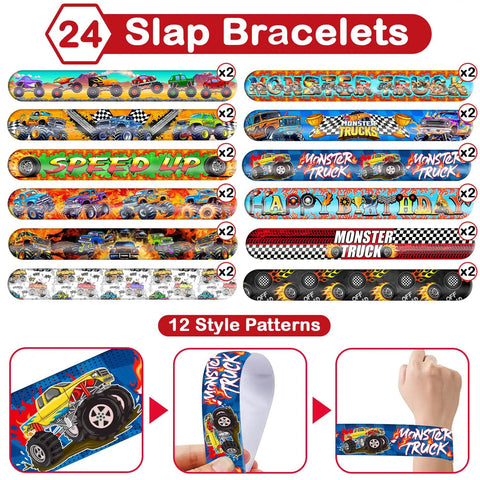 Monster Truck Party Bracelets Set 48 Pieces Slap And Rubber Silicone Wristbands 24 Slap 24 Rubber Styles shown in 12 designs