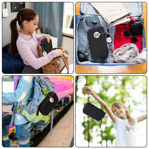 Collage of Everyday Travel Case For Asthma Gear with kids, suitcase, train, and outdoor setting demonstrating versatile use