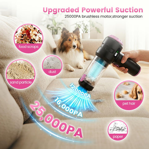 Cordless Car Vacuum Cleaner With Beast Mode 25000Pa Cyclonic Suction demonstrating pet hair removal on sofa