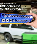 Person attaching a blue tray from Six Pack Magnetic Socket Tray Set With Color Coded Metric And SAE Organizers to metal surface