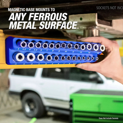 Person attaching a blue tray from Six Pack Magnetic Socket Tray Set With Color Coded Metric And SAE Organizers to metal surface