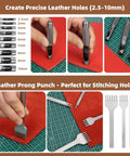 All In One Leatherworking Tool Kit With Cutting Mats Apron Stamping Engraving Punching Sewing And Sanding Tools For Leather Making And Repair Pro Grade Gear For Beginners And Pros Ready To Tackle Any Leather Project - close-up of punching and prong tools.