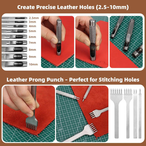 All In One Leatherworking Tool Kit With Cutting Mats Apron Stamping Engraving Punching Sewing And Sanding Tools For Leather Making And Repair Pro Grade Gear For Beginners And Pros Ready To Tackle Any Leather Project - close-up of punching and prong tools.