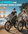 Two adults riding Beast Mode 5000W Dual Motor Fat Tire Electric Bike near a scenic coastal route.