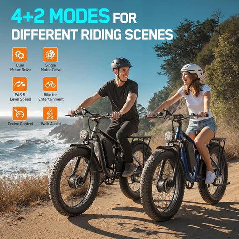 Two adults riding Beast Mode 5000W Dual Motor Fat Tire Electric Bike near a scenic coastal route.