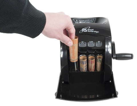 Hand using Eco Friendly Manual Hand Crank Coin Sorter No Electricity Needed Large 200 Coin Capacity Front Door Keeps Dust Out