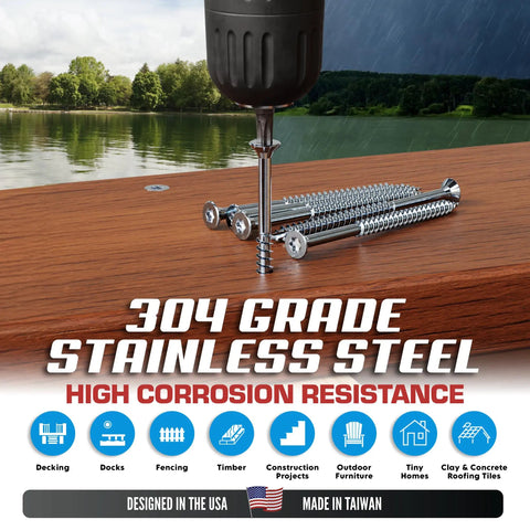 Close-up of 10 By 2 Inch Stainless Steel Deck Screws 304 Grade Flat Head Torx T25 Drive on wooden deck, rust resistant.