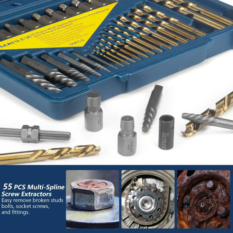 55 Piece Screw Extractor Set For Stripped Screws And Broken Bolts With Multi Spline And Spiral Extractors, High Speed Drill Bits