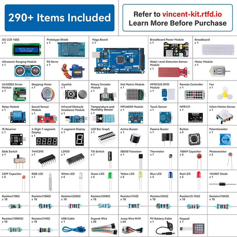 All In One Electronics Starter Kit For Arduino Mega 2560 R3 And Nano, More Than 291 Components, items displayed