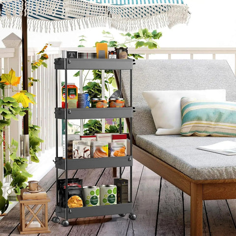 Slim Rolling Storage Cart Four Tier Organizer For Kitchen And Bathroom with snacks and supplies on a patio