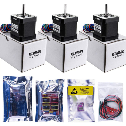 Badass DIY CNC Router Bundle With Rock Solid Arduino GRBL Shield, Nema 17 Stepper Motors, DRV8825 Drivers showing stepper motors in boxes and protective packaging.