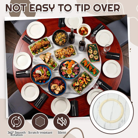 Dining table featuring an oversized 24 inch marble white wood lazy Susan with food, showcasing smooth 360° rotation and stability.
