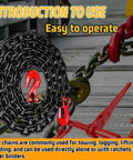 Heavy Duty Half Inch Tow Chain With Clevis Grab Hooks, Sixteen Foot Long, coiled with hooks and use instructions