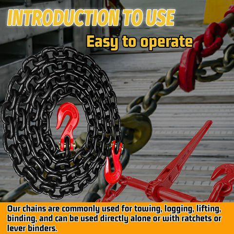 Heavy Duty Half Inch Tow Chain With Clevis Grab Hooks, Sixteen Foot Long, coiled with hooks and use instructions