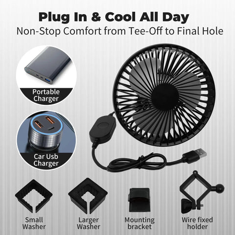 Stay Frosty And Chill Out On The Course With This Slick Golf Cart Fan featuring portable USB cable, mounting bracket and washers.